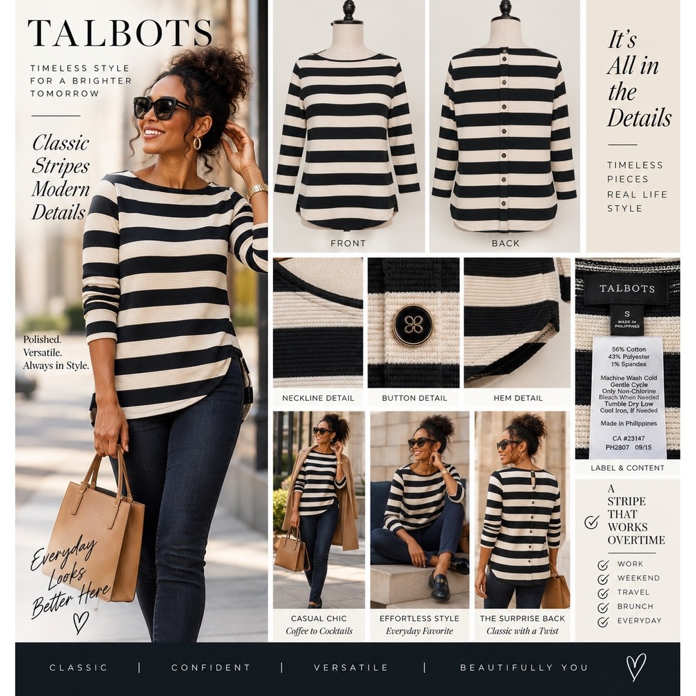 Talbots Womens S Black Ivory Stripe Textured Knit Tunic Back Button Long Sleeve